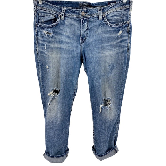 Silver Jeans Women Size 18 Boyfriend Fit Blue Denim Distressed Mid Rise Ankle